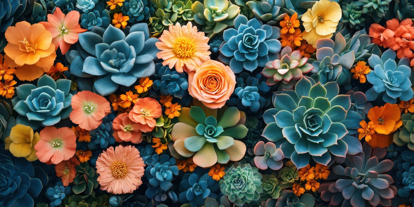 Colorful arrangement of succulents and flowers showcases vibrant textures and hues in a serene setting